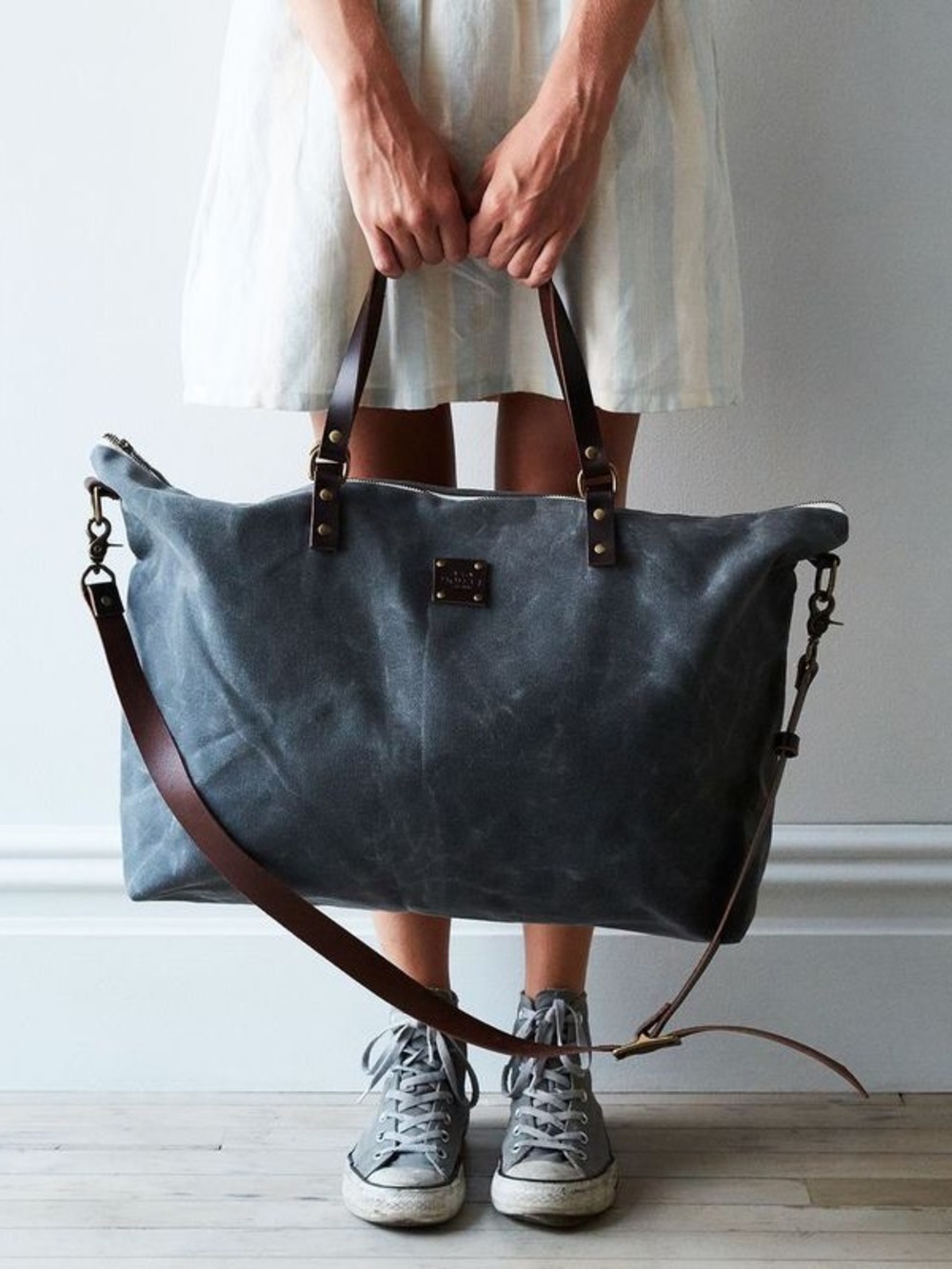 RED HOUSE Waxed Canvas Weekend Tote with Leather Straps - Gray made by hand
